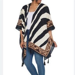 Theodora & Callum Open Front Printed Ruana with Tassels-Zebra-Plus One Size
